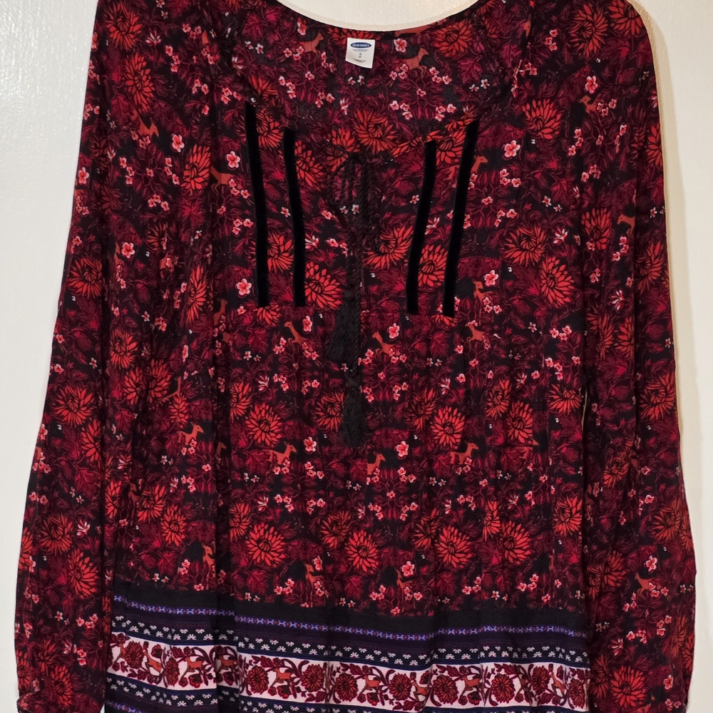 Old Navy Red and Black Long Sleeve Tie Front Blouse
